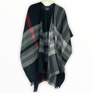 V Fraas black white red plaid  shawl overlay